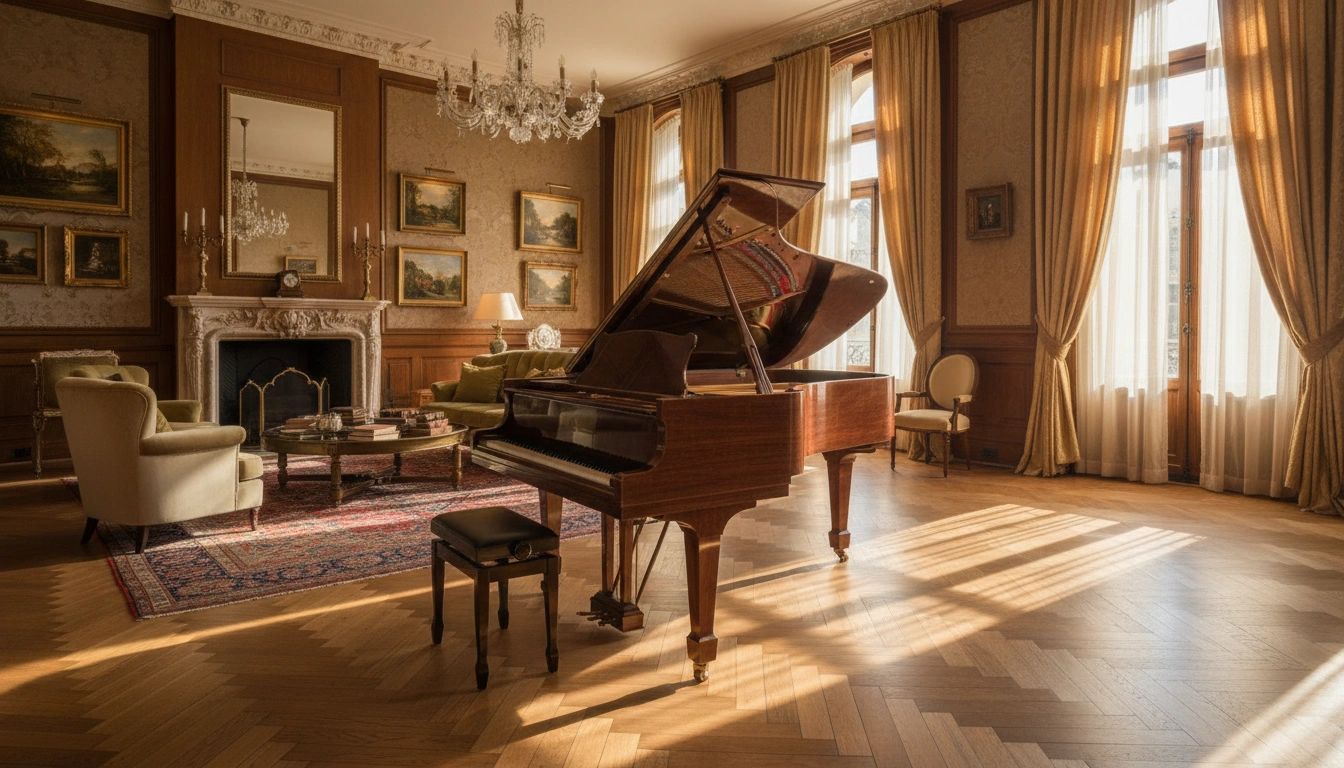 A grand piano in an elegant, sunlit living room